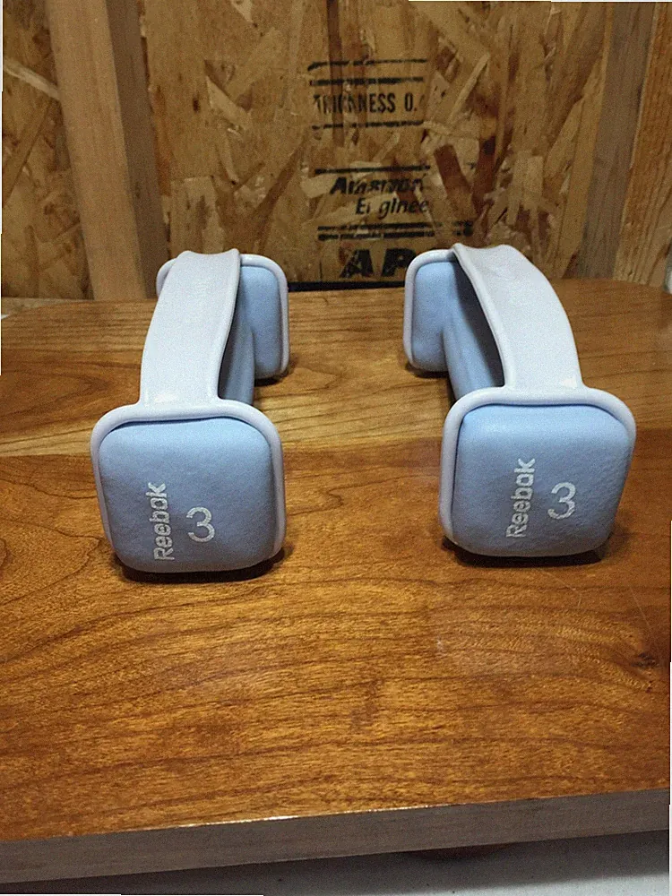 Set of 2 Reebok 3lb Dumbbells Square Weight Rubber Coated Metal W/Hand Grip Blue