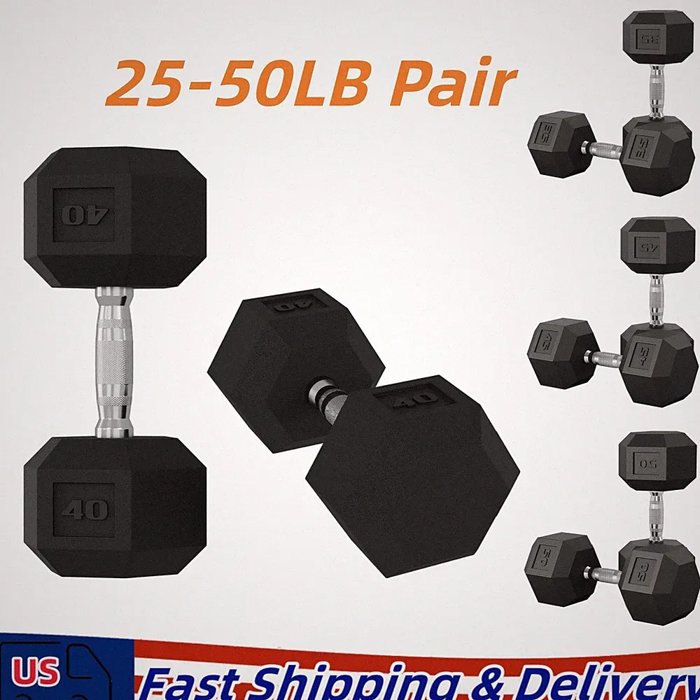 Set of 2 Rubber Coated Hex Dumbbell Hand Weights, 25 lb to 50 Pound