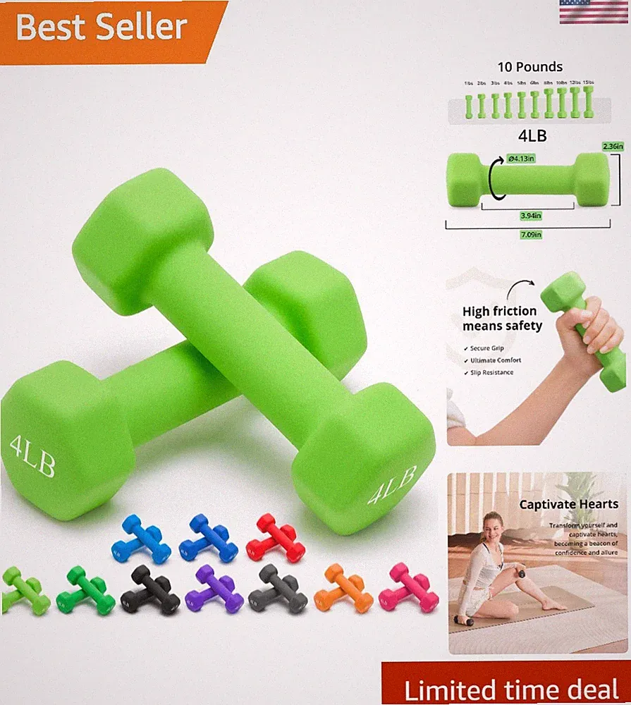 Set of 2 Vibrant Neoprene Dumbbells 1-15 LB - Anti-Slip & Anti-Roll Hex Weights