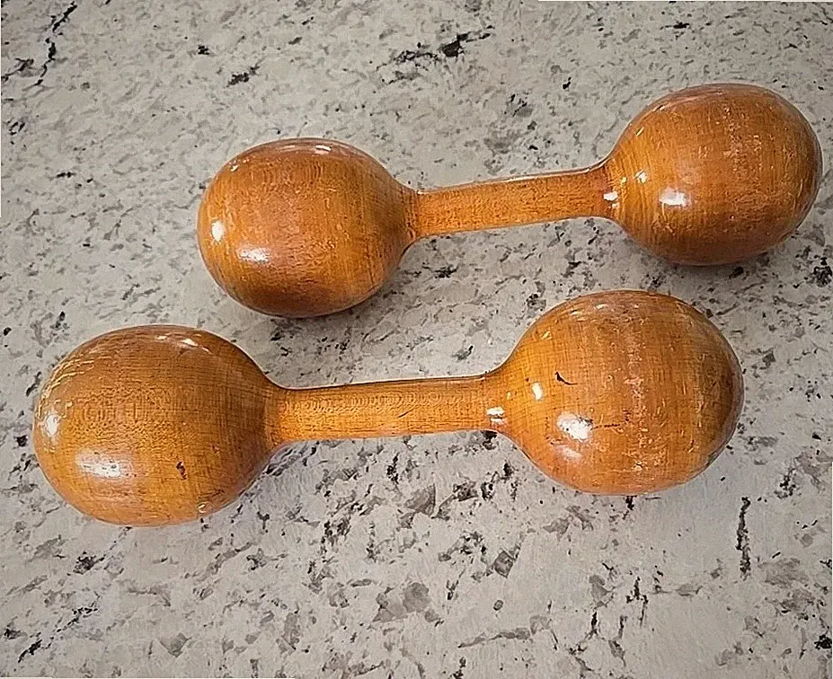Set Of 2 Vintage 1920s Spalding Wood Dumbells Hand Weights 3/4 Lb. Model A.W.