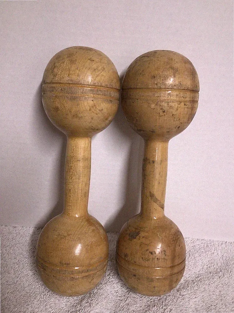 Set of 2 Vtg 10” Wooden Antique Dumbbells Weights Workout Exercise 1 Lb Each