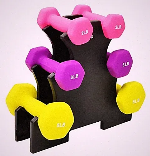Set of 6 Neoprene Dumbbell Hand Weights, Set with Rack: 2/3/5 Pairs