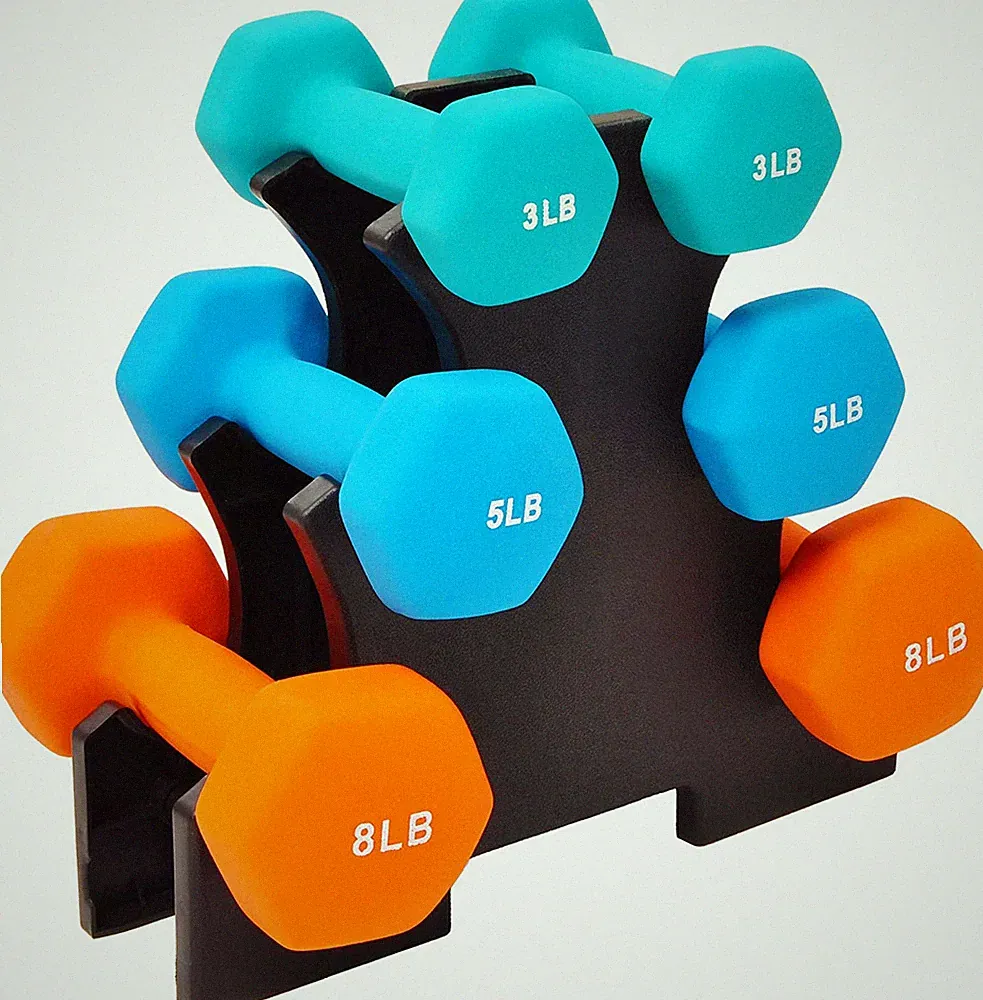 Set of 6 Neoprene Dumbbell Hand Weights, Set with Rack: 3/5/8 Pairs