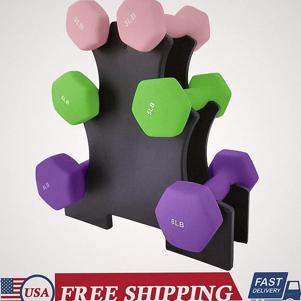 Set of 6 PVC Coated Dumbbell Hexagon Hand Weights Dumbbells w/ Rack for Home Gym