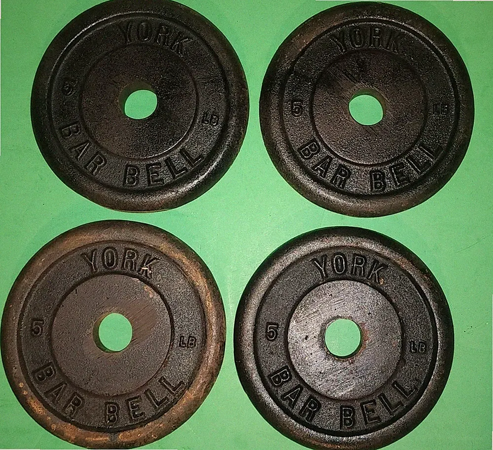 Set of Four Vintage York 5 lb (2.2 kg) Barbell / Dumbbell Weight Plates Nice