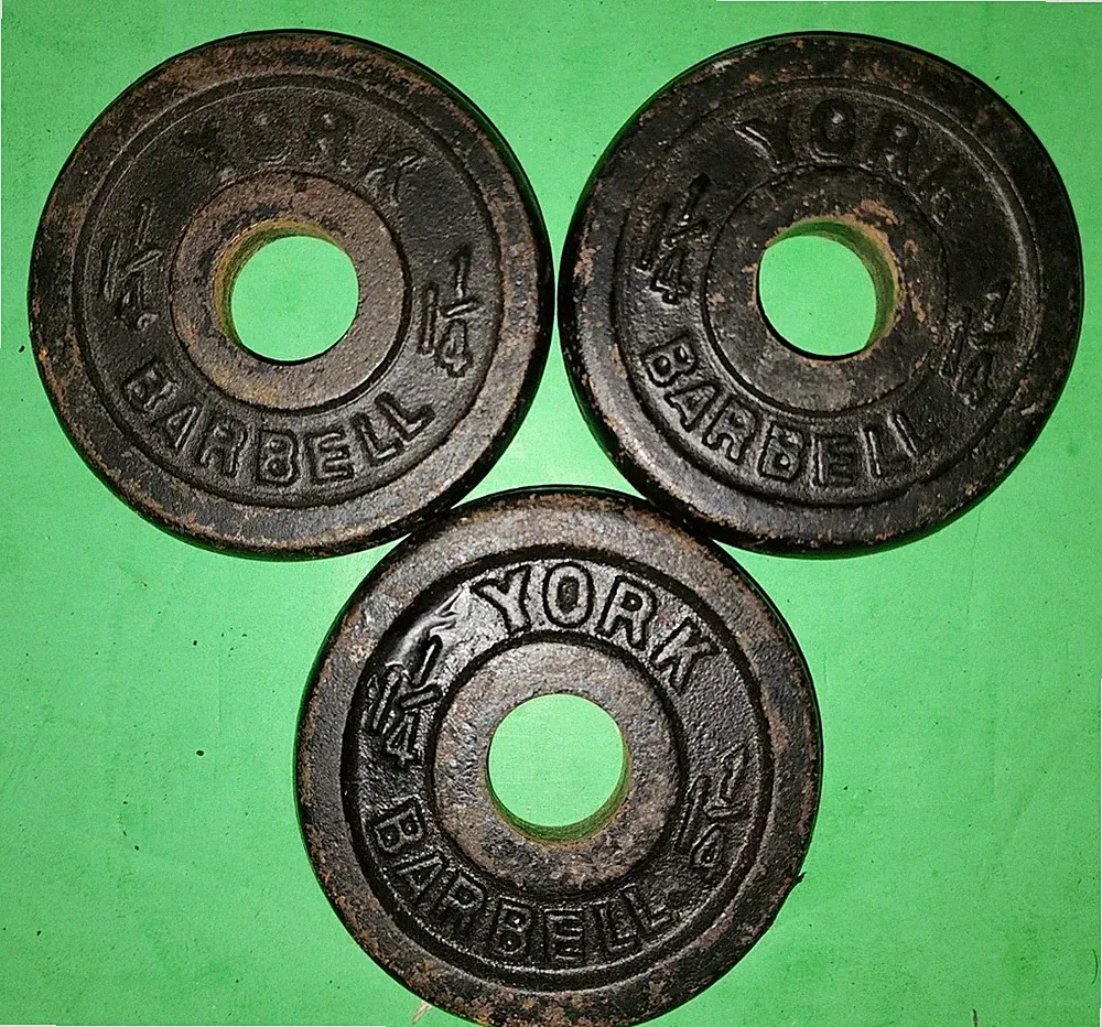 Set of Three York 1 1/4 lb Cast Iron Barbell / Dumbbell Weight Plates