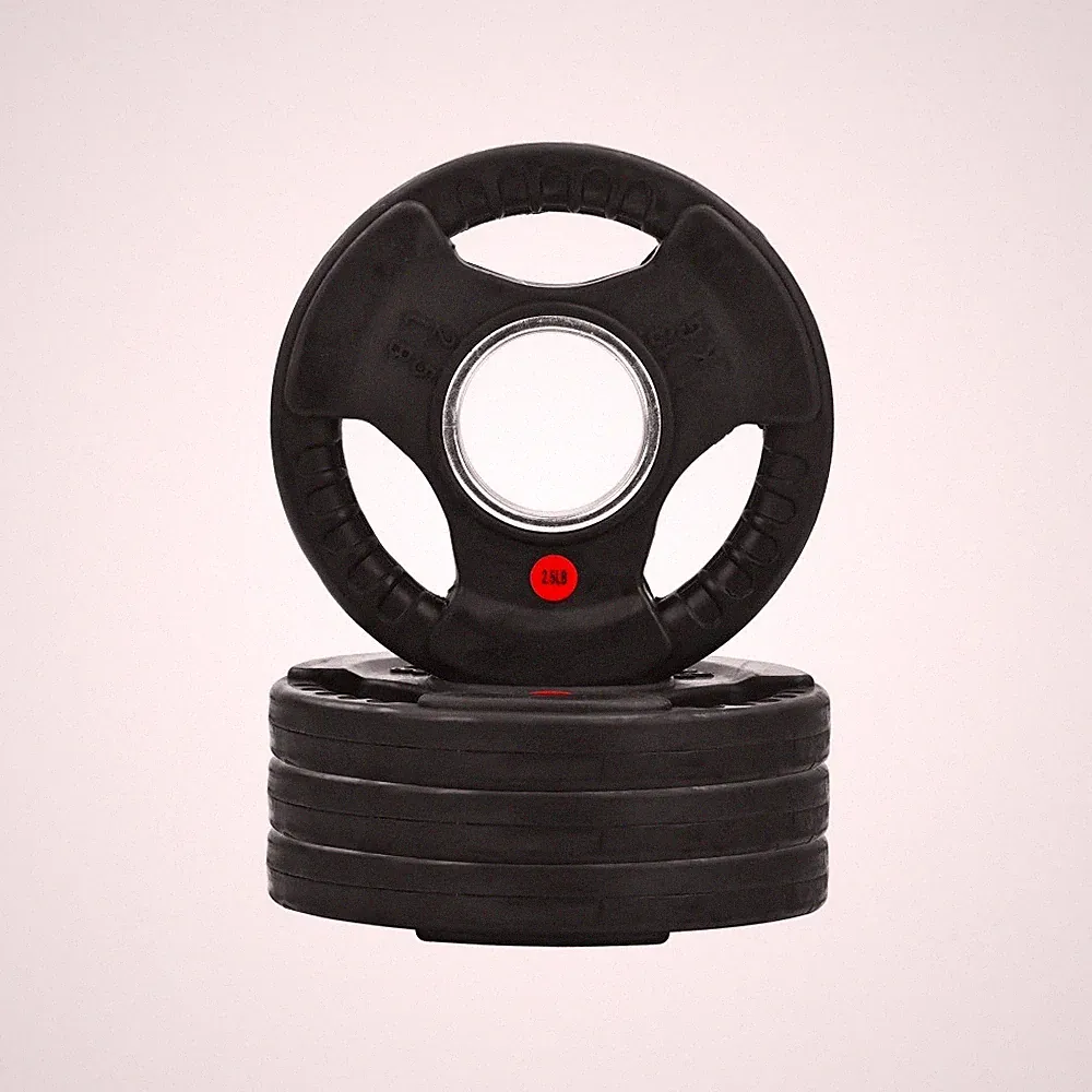 Signature Fitness 3-Grip Olympic Rubber Weight Plates, Black with Red Label