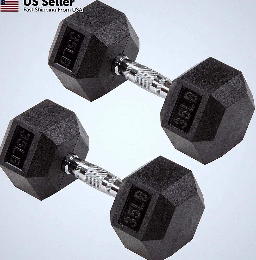 Signature Fitness Premium Rubber Encased Hex Dumbbell, 5x10 inches, Black