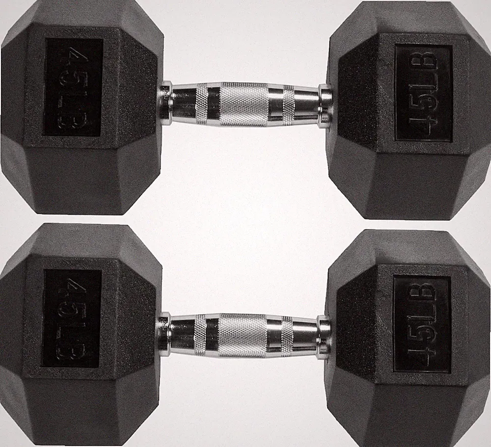 Signature Fitness Rubber Encased Hex Dumbbell Pair - 45LB Black