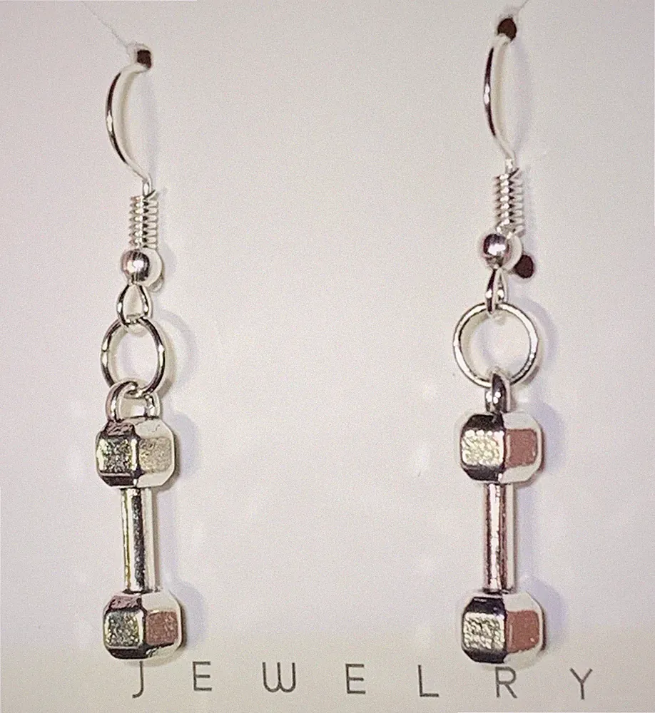 Silver Barbell Weights Drop Dangle Earrings!!
