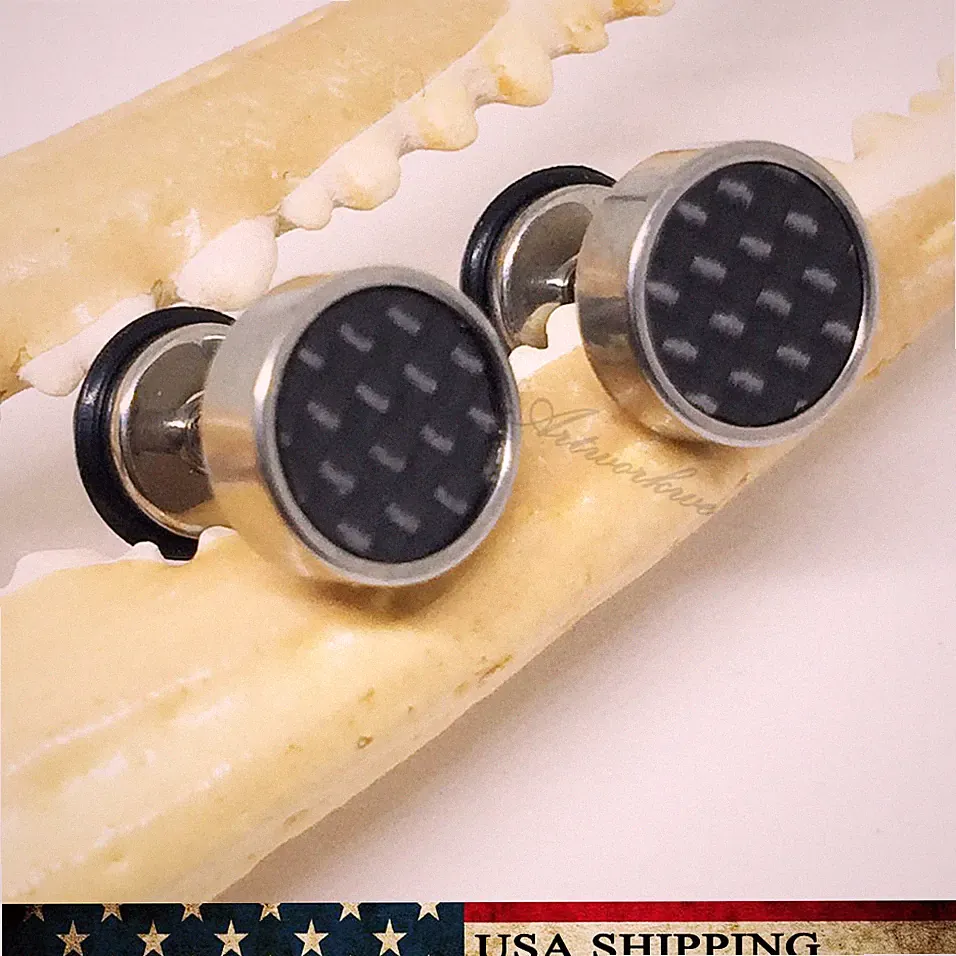 Silver Carbon Fiber Barbell Dumbbell Men's Women's Stainless Steel Stud Earrings