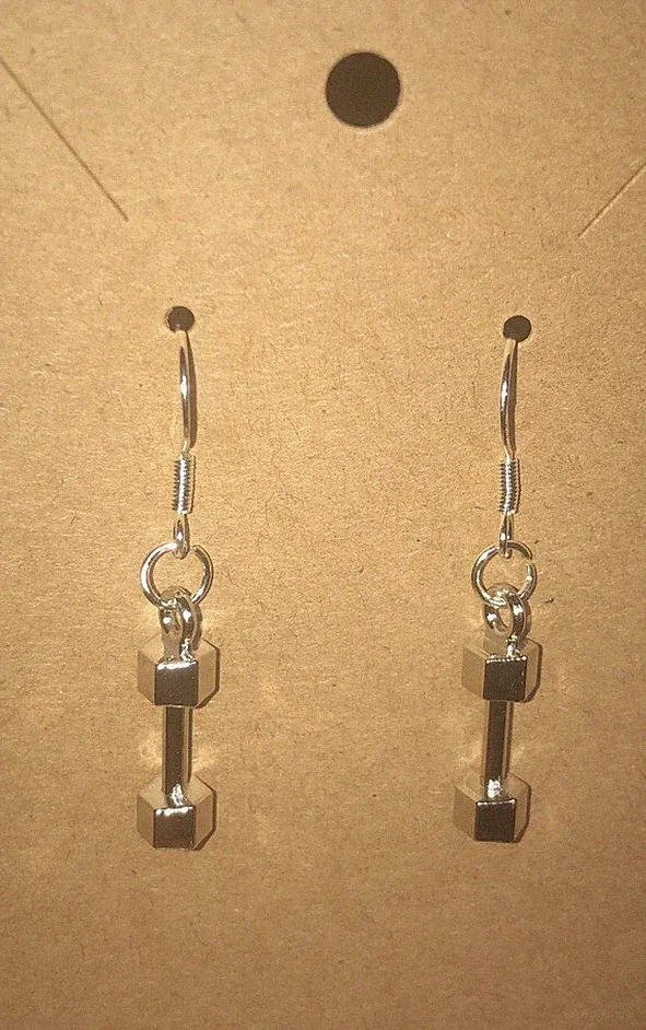 Silver Tone Barbell Weights Drop Dangle Earrings!! Very Cute Unisex