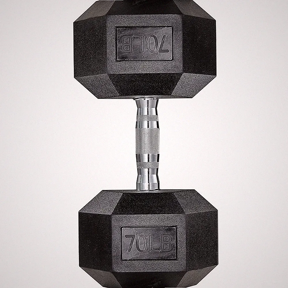 Single Dumbbell Rubber Coated Cast Iron Hex Black Dumbbell 70lb