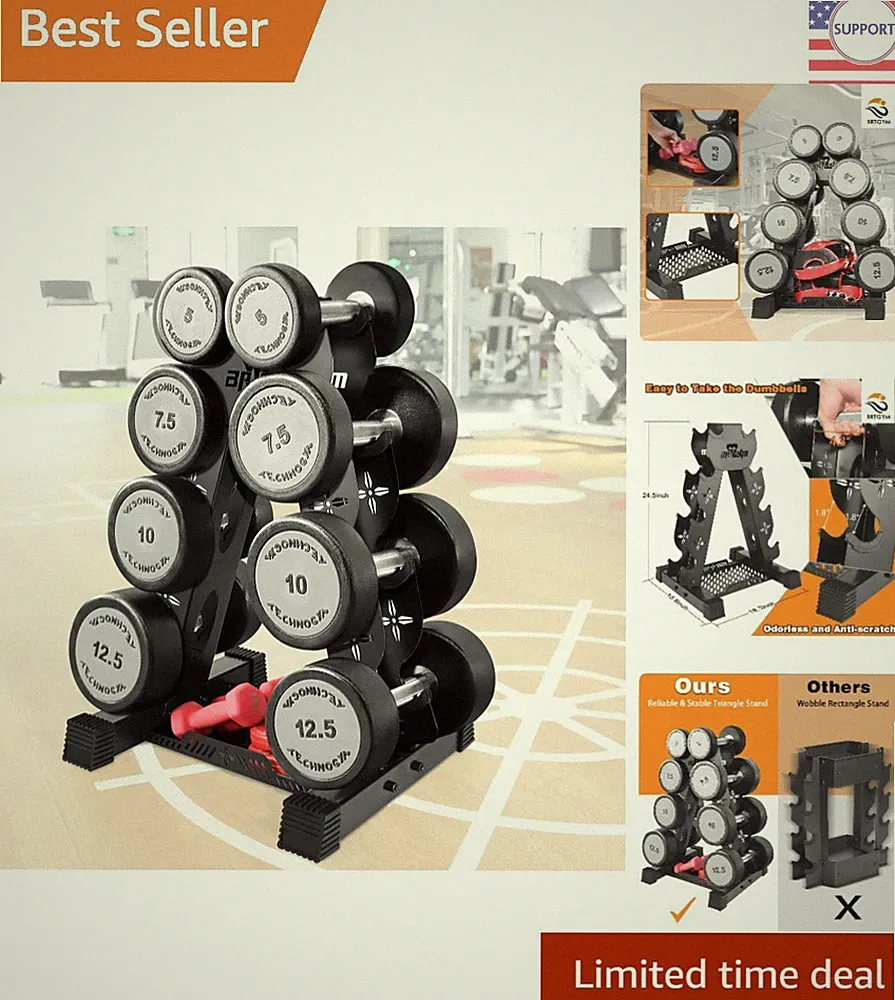 Space-Saving Dumbbell Rack - 570lbs Weight Capacity, Steel and Rubberized Base