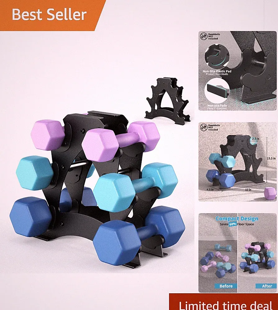 Space-Saving Dumbbell Rack for 1-15 LB Weights - Durable Iron Construction