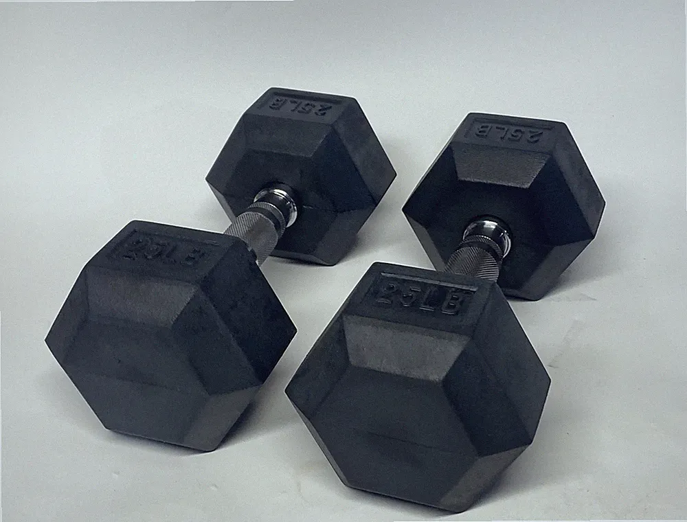 Sporzon Rubber Encased Hex Dumbbell 25 LB Pair Black New