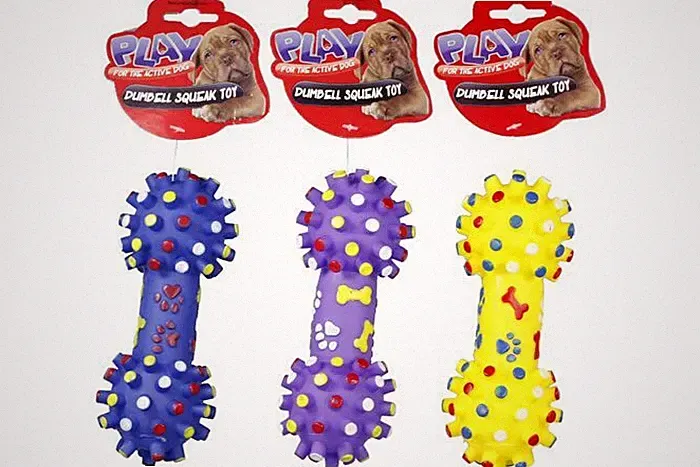 Squeaky Pet Dumbell 17cm Dog Toys Squeeze Pet Chew Random Colour (Pack of 2)