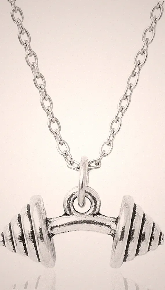 Stainless Steel Barbell Dumbbell Necklace, Handmade Gym Workout Charm Jewelry