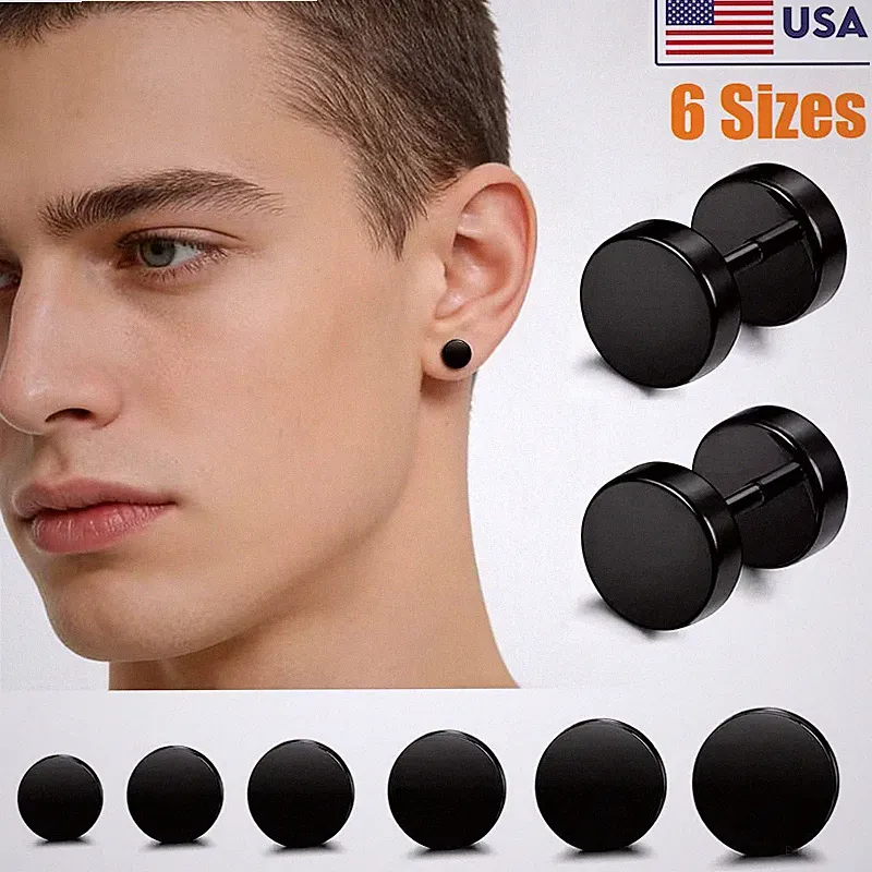 Stainless Steel Black Dumbbell Stud Earrings for Men Women Gift 6 Sizes 5mm-10mm