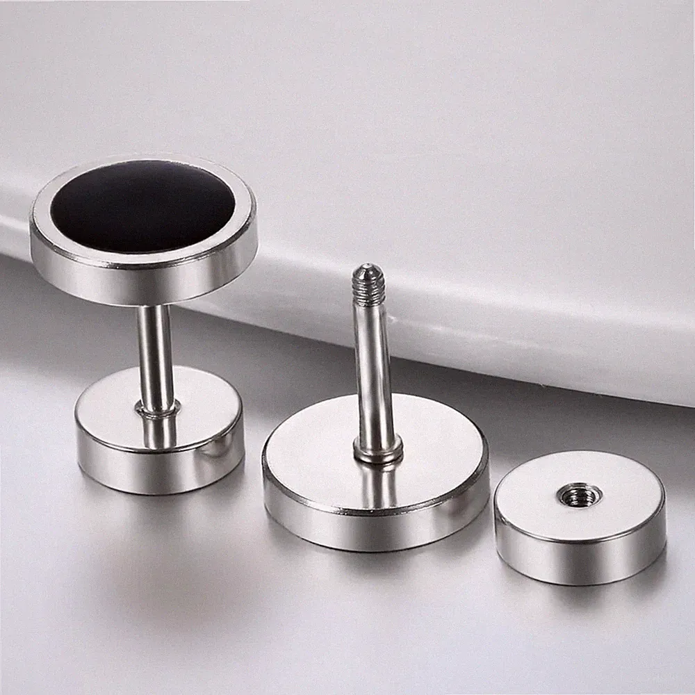Stainless Steel Black Silver Barbell Dumbbell Screw Stud Earrings for Men Women