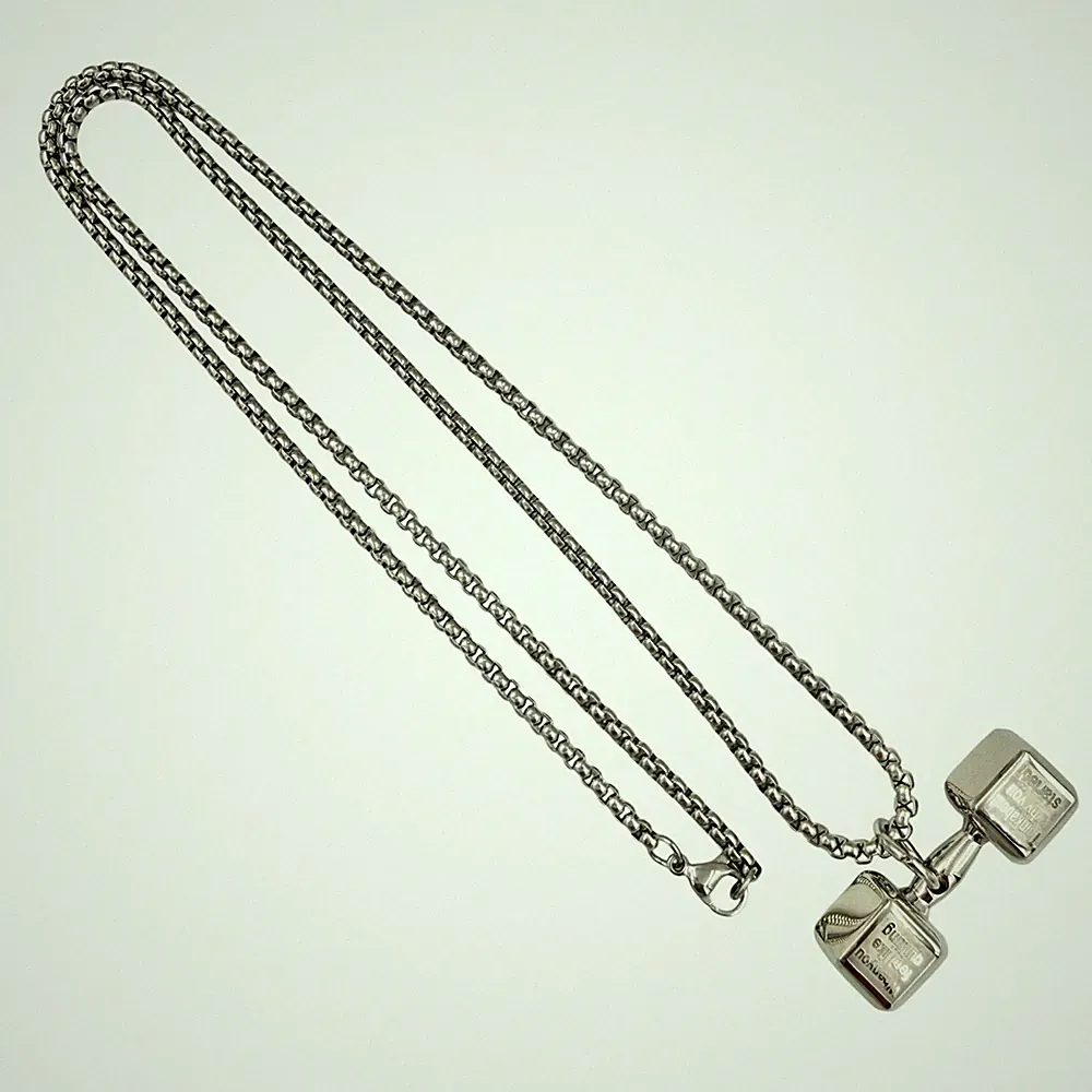 Stainless Steel Dumbbell Fitness Inspirational Wording Necklace (22in)