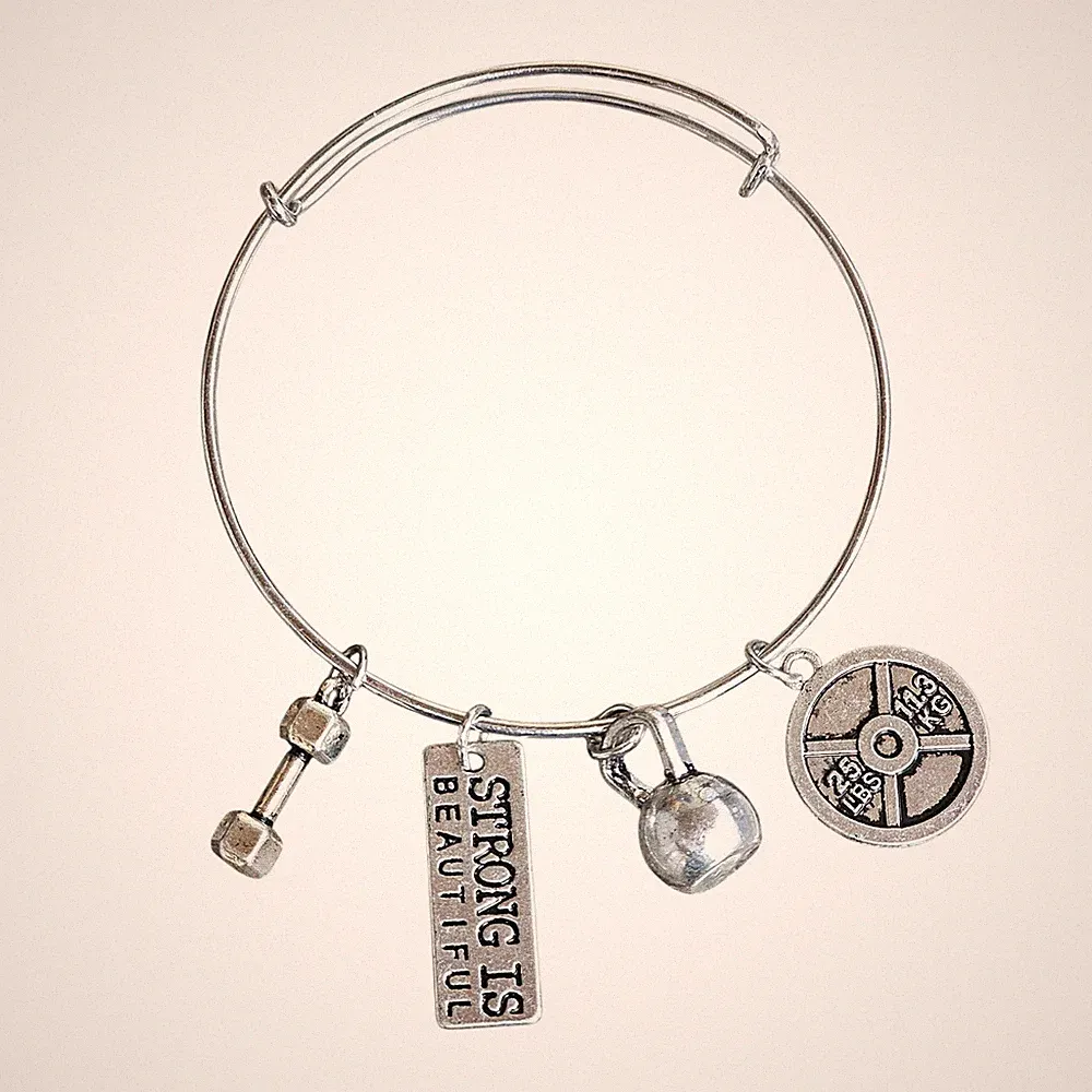 Strong Is Beautiful Bangle Charm Bracelet Motivational Dumbbell Kettlebell Gym