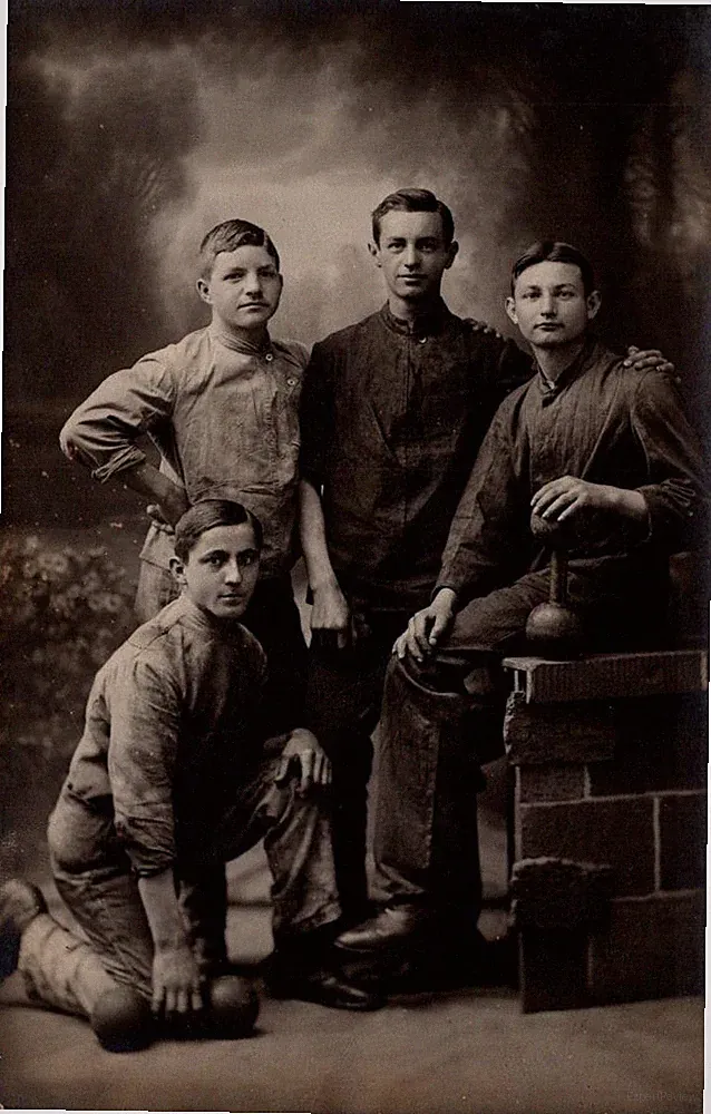 STUDIO PROPS, Men Holding Dumbbells, Barbells, SUHL, Germany Real Photo Postcard