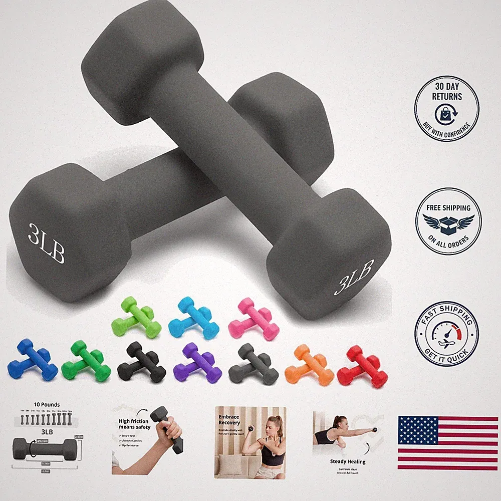 Stylish Hexagonal Dumbbell Set, Anti-Slip Neoprene, 10 Color Choices, 1-15 LB