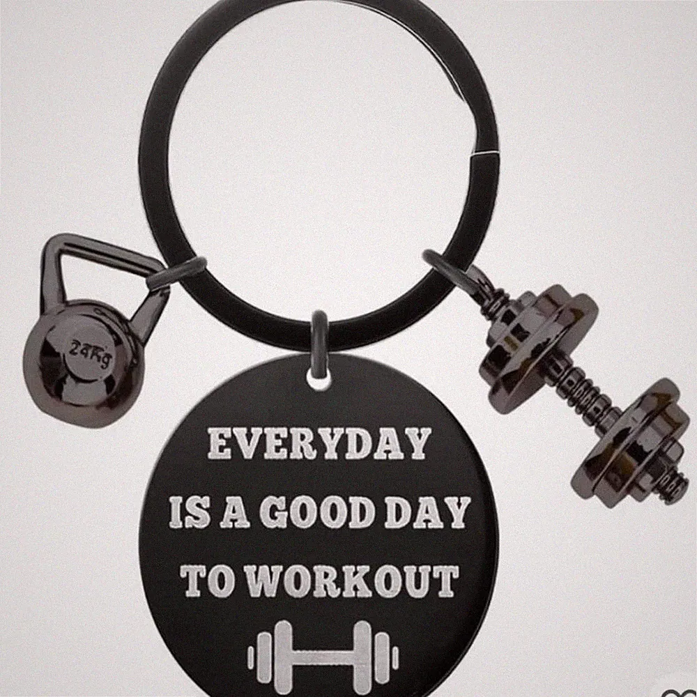 Stylish keychain featuring a kettlebell and dumbbell charm