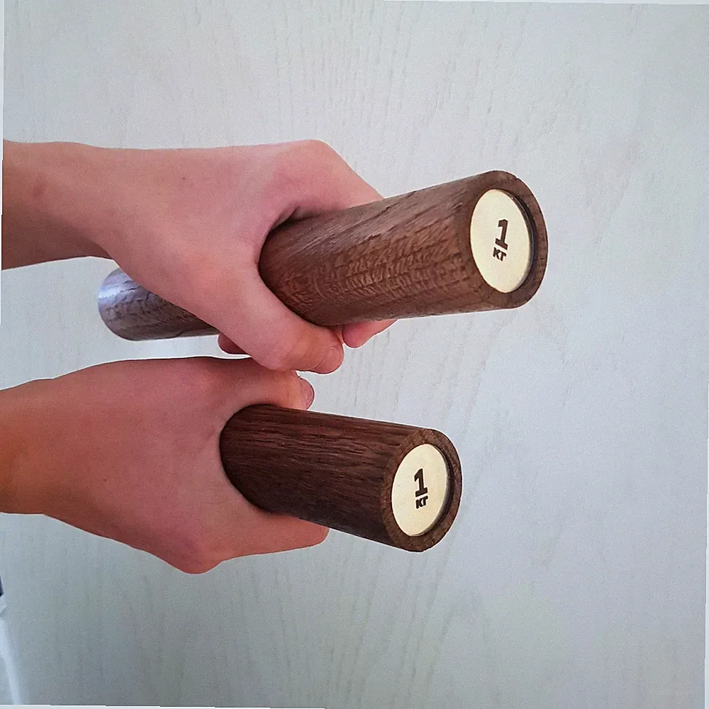 Stylish modern dumbbells made of solid oak 1 kg each with stand