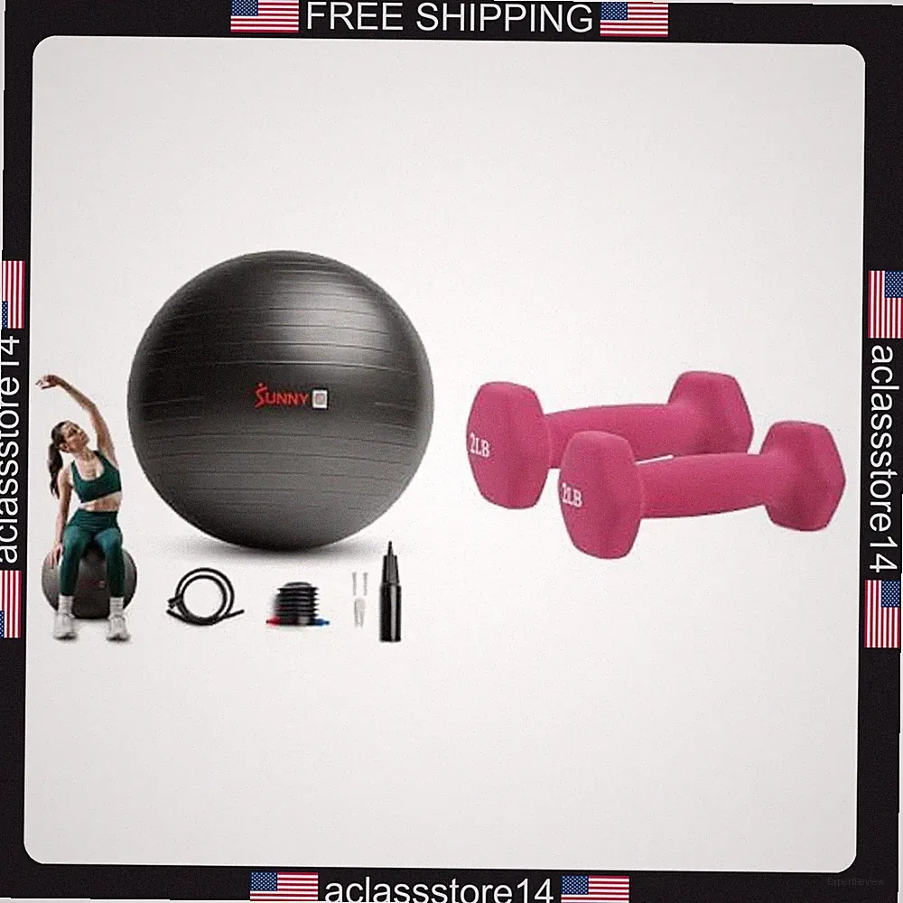 Sunny Health Fitness 75cm Non Slip Yoga Ball with Neoprene Dumbbells 2lb Pair