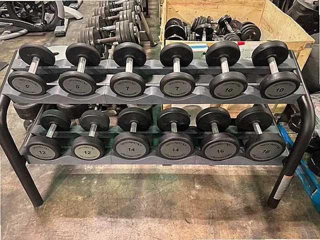 TechnoGym | Urethane Coated KG Dumbbell Set w/ 2-Tier Rack (5kg-16kg)