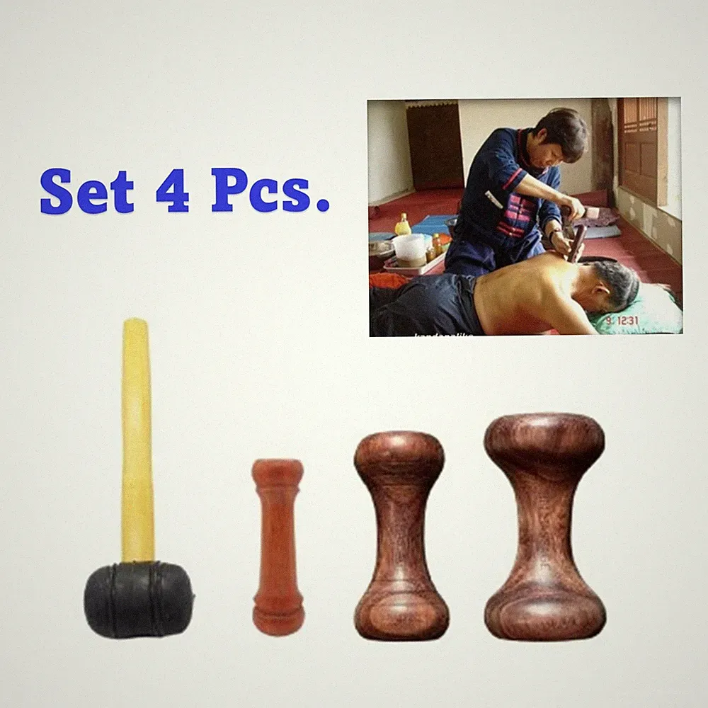 Thai Tok Sen Massage Tool Set Dumbbell Wooden Hammer Kon Massage Therapy 4 pcs