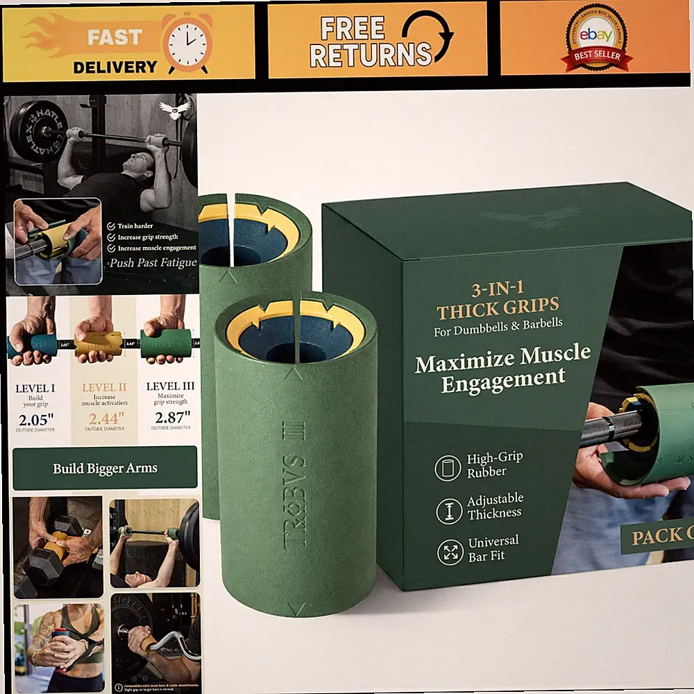 Thick Grips for Dumbbells & Barbells - Non-Slip Heavy Duty Rubber, Arm Training