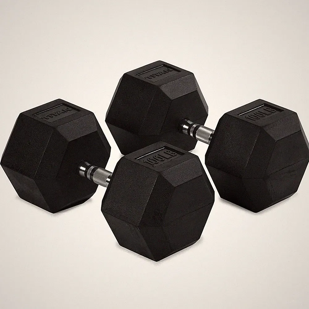 Titan Fitness 100 LB Pair Free Weights, Black Rubber Coated Hex Dumbbell