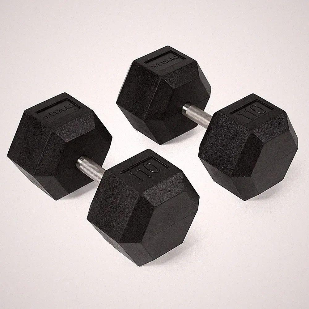 Titan Fitness 110 LB Pair Free Weights, Black Rubber Coated Hex Dumbbell, Straig