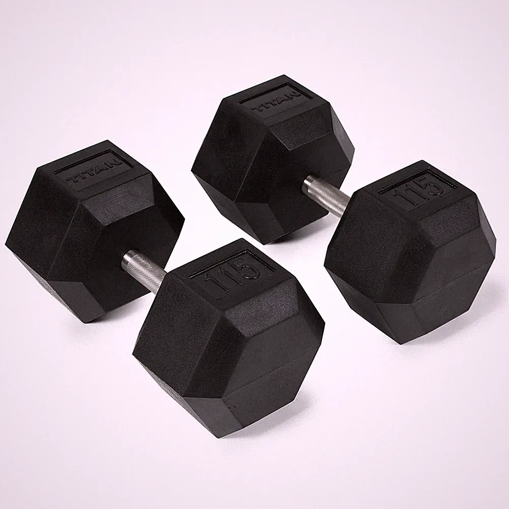Titan Fitness 115 LB Pair Free Weights, Black Rubber Coated Hex Dumbbell, Straig