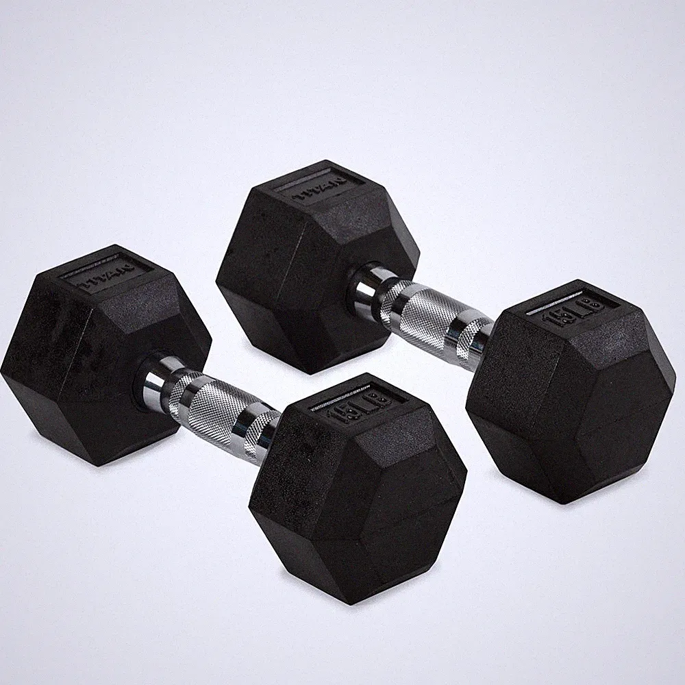 Titan Fitness 15 LB Pair Free Weights, Black Rubber Coated Hex Dumbbell