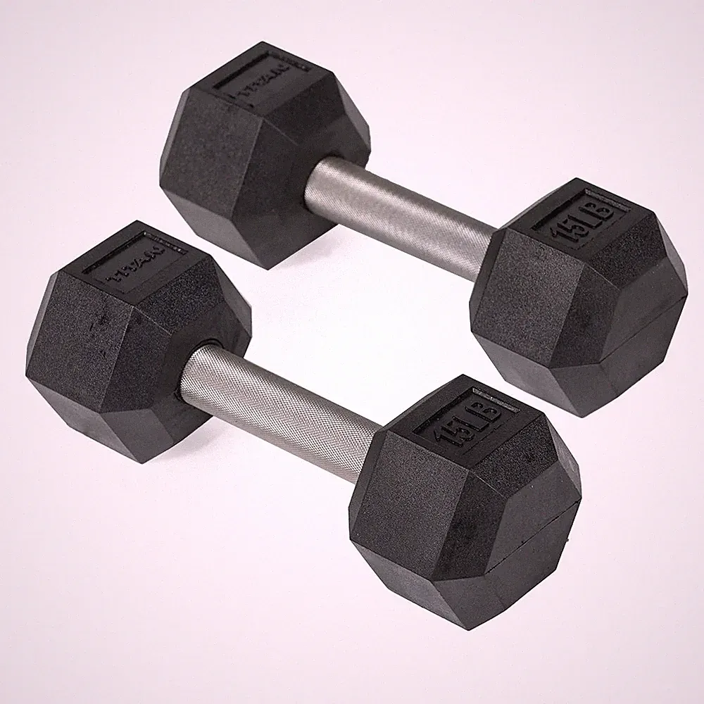 Titan Fitness 15 LB Pair Free Weights, Black Rubber Coated Hex Dumbbell, Straigh