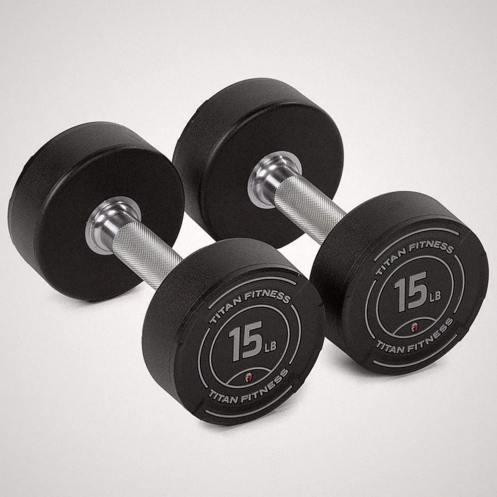 Titan Fitness 15 LB Set Round Urethane Dumbbells, 32mm Medium Volcano Knurling