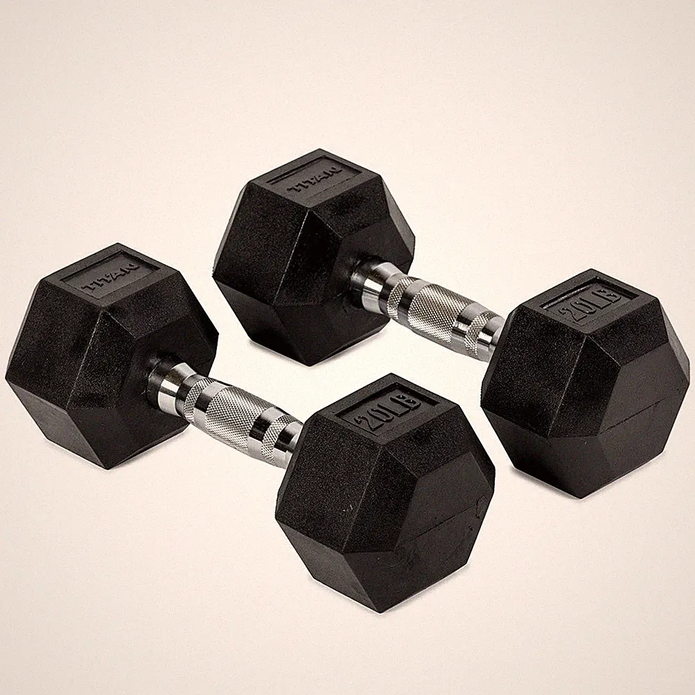 Titan Fitness 20 LB Pair Free Weights, Black Rubber Coated Hex Dumbbell
