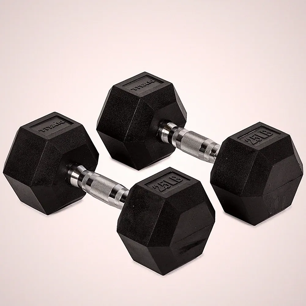Titan Fitness 25 LB Pair Free Weights, Black Rubber Coated Hex Dumbbell