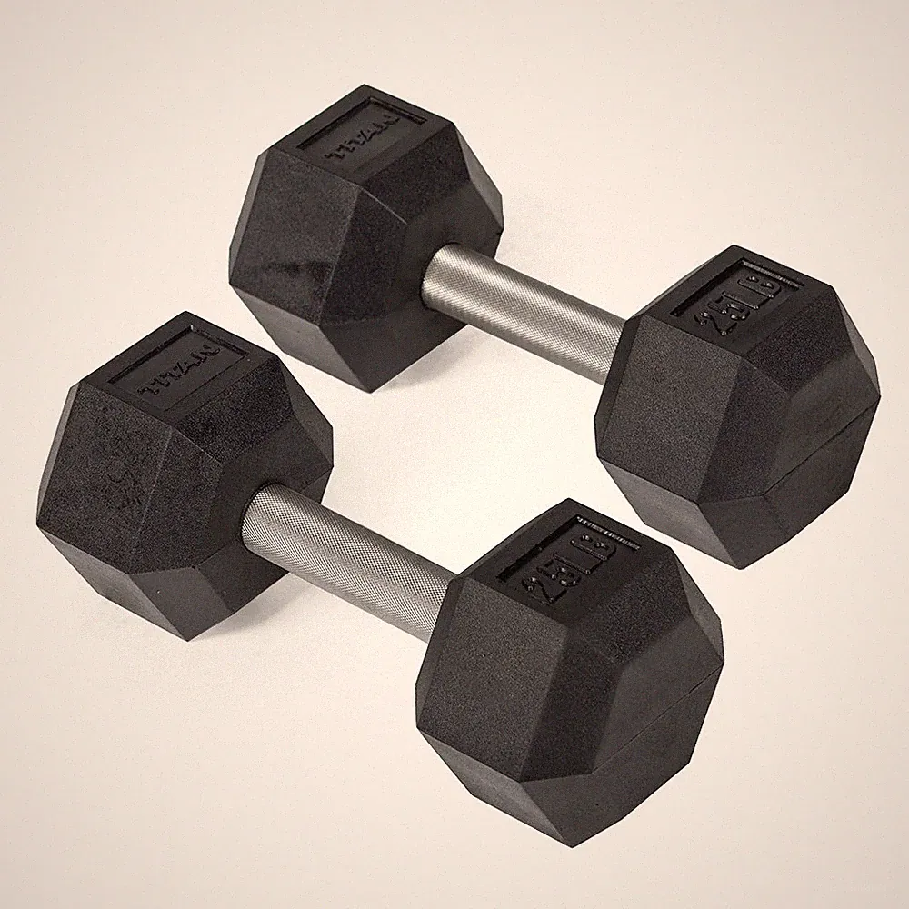 Titan Fitness 25 LB Pair Free Weights, Black Rubber Coated Hex Dumbbell, Straigh