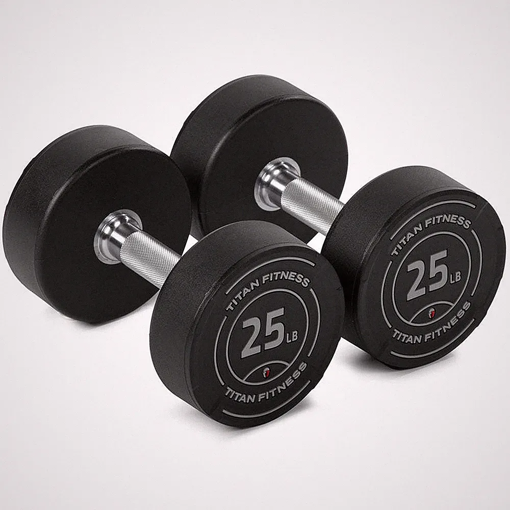 Titan Fitness 25 LB Set Round Urethane Dumbbells, 32mm Medium Volcano Knurling