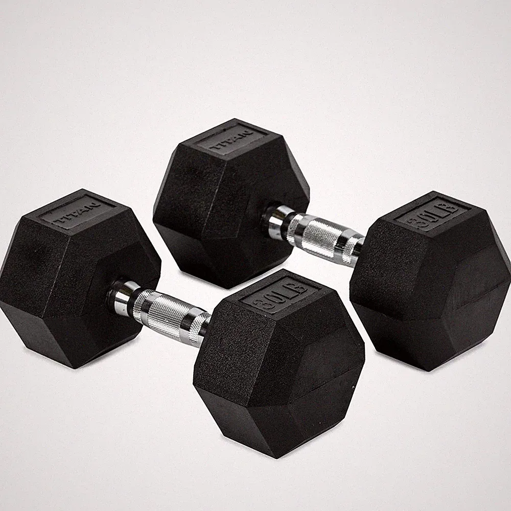 Titan Fitness 30 LB Pair Free Weights, Black Rubber Coated Hex Dumbbell