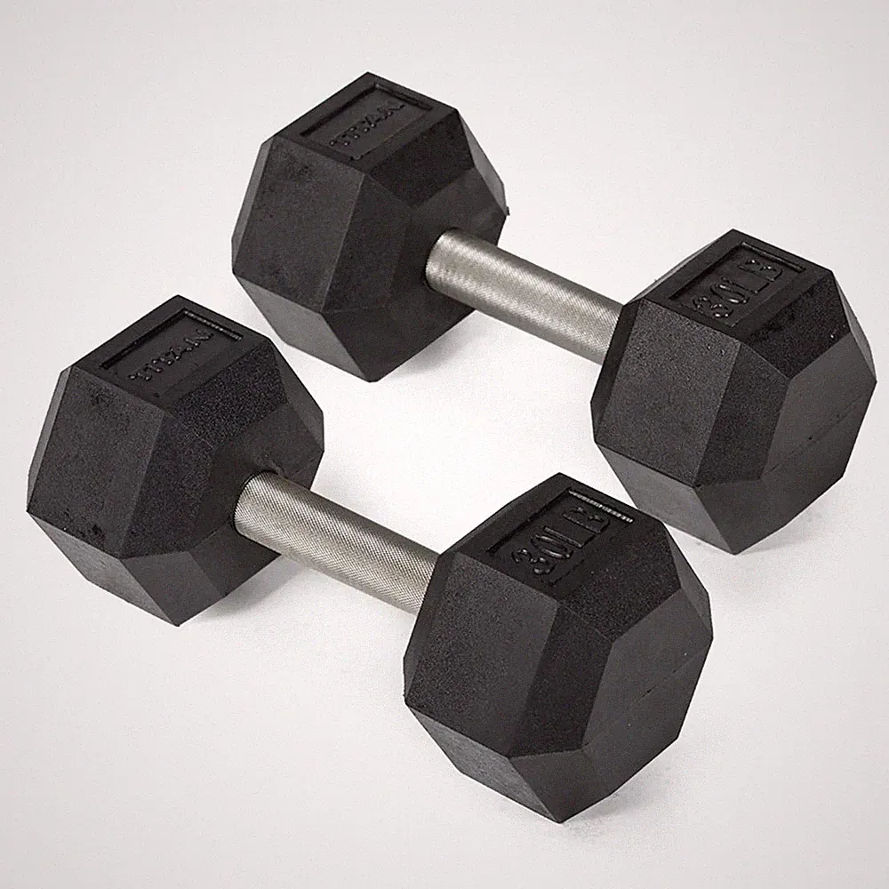 Titan Fitness 30 LB Pair Free Weights, Black Rubber Coated Hex Dumbbell, Straigh