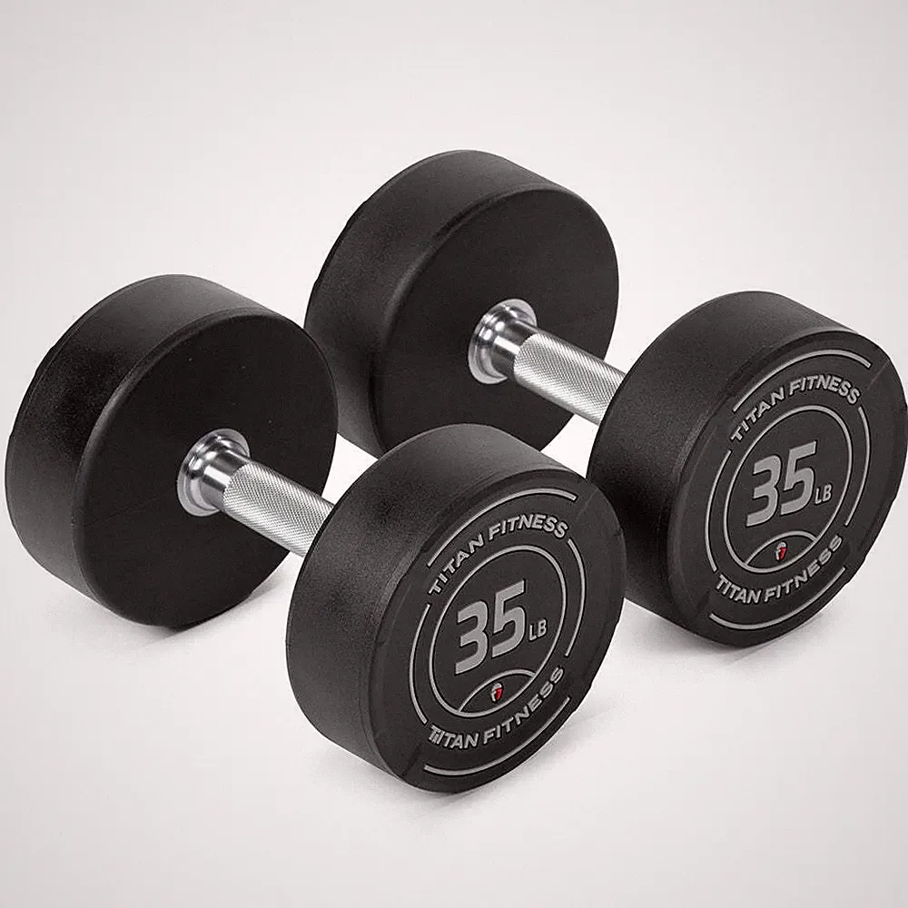 Titan Fitness 35 LB Set Round Urethane Dumbbells, 32mm Medium Volcano Knurling