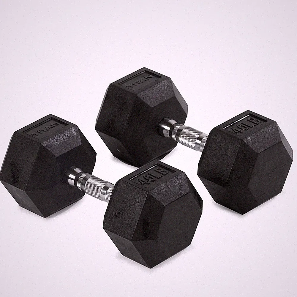 Titan Fitness 40 LB Pair Free Weights, Black Rubber Coated Hex Dumbbell