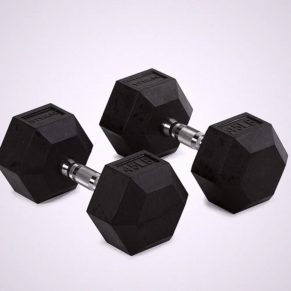 Titan Fitness 45 LB Pair Free Weights, Black Rubber Coated Hex Dumbbell