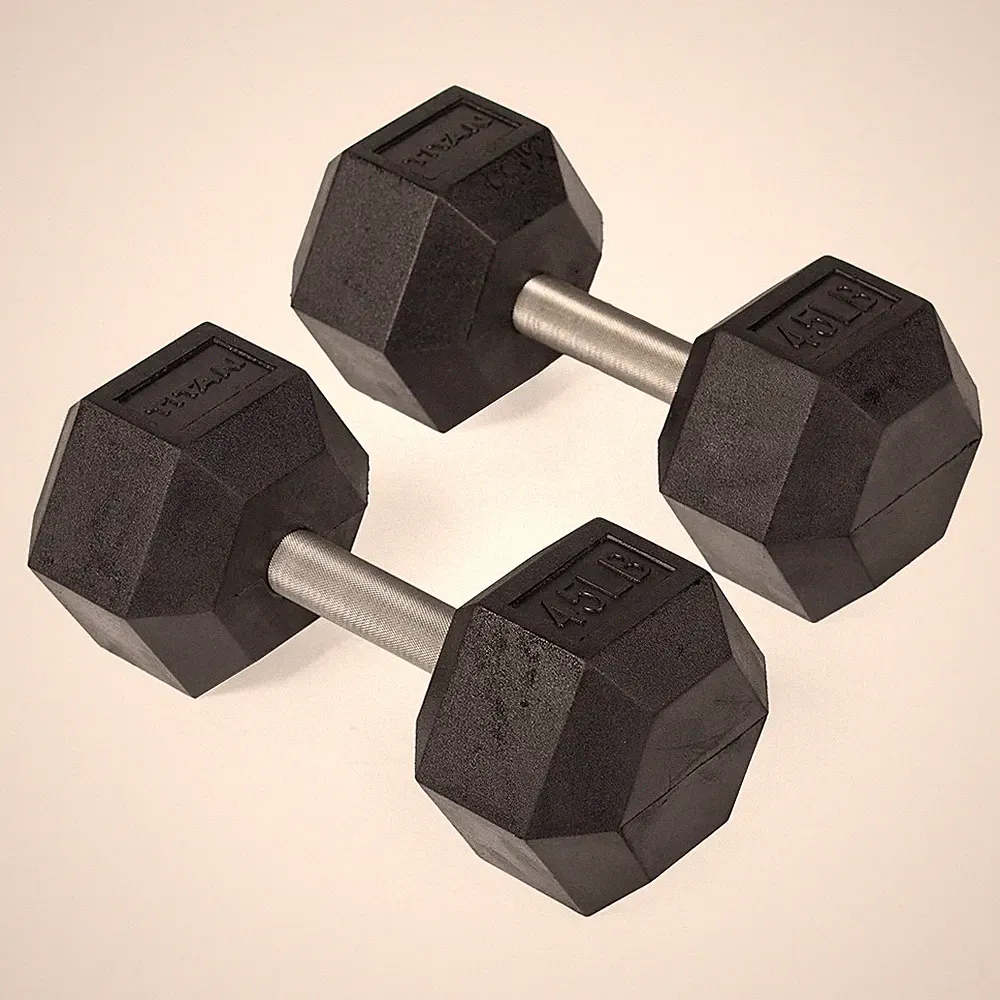 Titan Fitness 45 LB Pair Free Weights, Black Rubber Coated Hex Dumbbell, Straigh